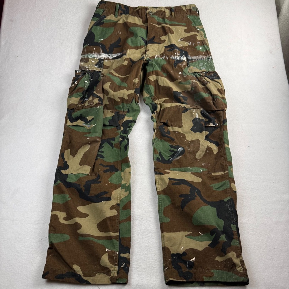 US Military Woodland Camo‎ Cargo Pants Mens Medium Long Distressed Paint Ripstop